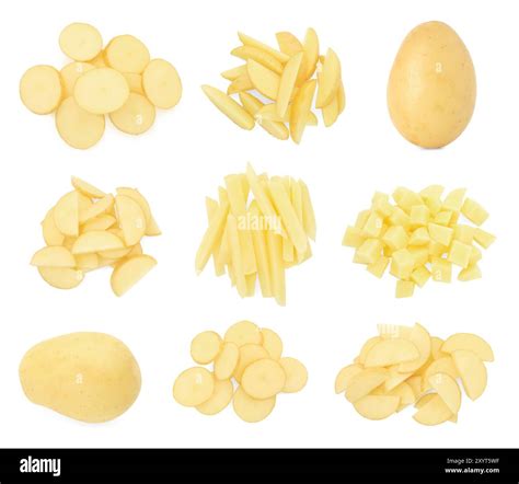 Fresh potatoes isolated on white, set. Different types of cuts and ...