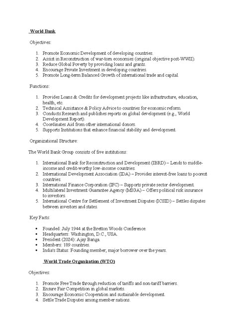 Eco Unit 4 Sem 4 Notes: World Bank & WTO Objectives and Functions - Studocu