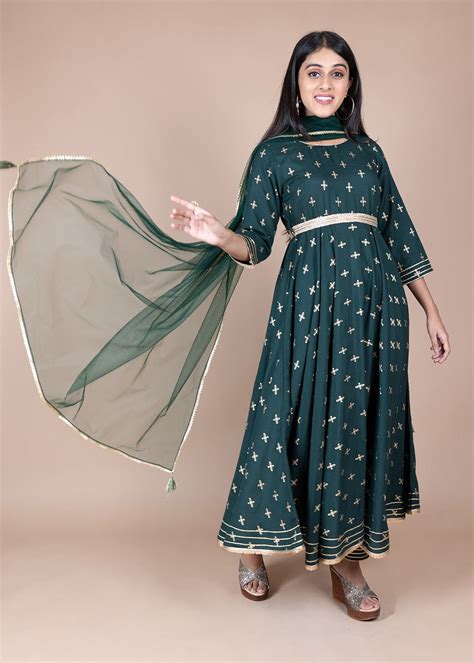 Get Green Gold Printed Anarkali Kurti With Narrow Pant Paired With ...