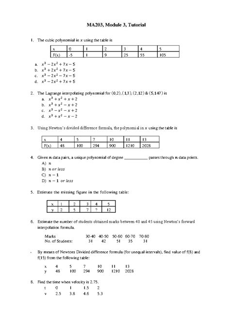 MA203, Module 3, Tutorial 1: Cubic Polynomial Practice Questions - Studocu