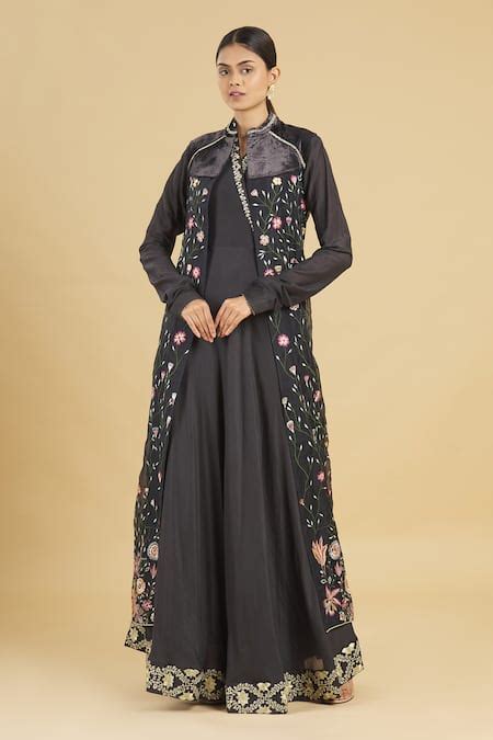 Buy Blue Velvet, Cotton Silk Gown With Embroidered Jacket For Women by ...