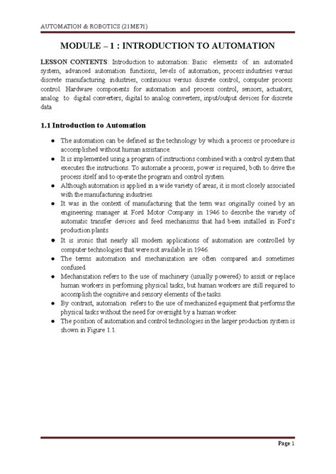 21ME71 Automation & Robotics M1: Module 1 - Introduction to Automation ...