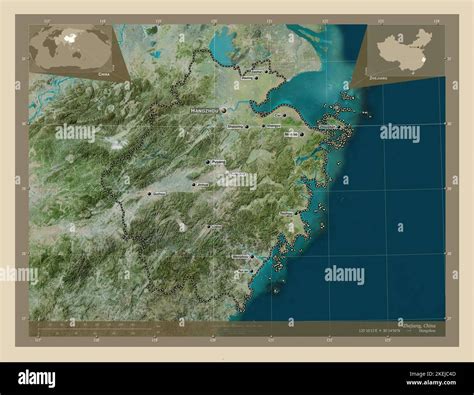 Zhejiang, province of China. High resolution satellite map. Locations and names of major cities ...