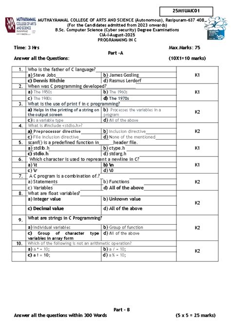 25M1UAIC01 B.Sc. Cyber Security C Programming Exam Questions - Studocu