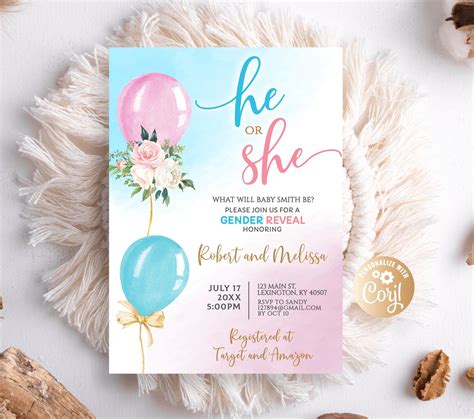 Balloons gender reveal invitation watercolor gender reveal invitation ...