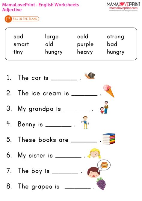 MamaLovePrint . Grade 1 English Worksheets . Basic Grammar (Adjectives ...