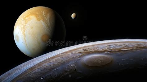 A giant of a moon appears before a giant of a planet undergoing seasonal changes in this natural col