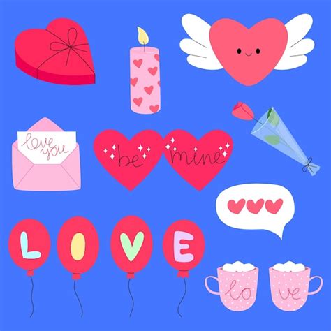 Valentines day romantic elements. set cute clipart objects for greeting ...