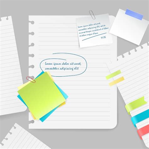 Realistic composition of colorful blank sheets and pieces of paper with ...