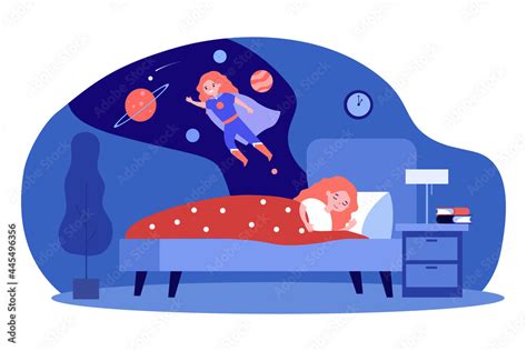 Girl having fantastic dreams while sleeping at night. Flat vector ...