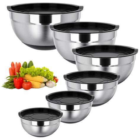 TINANA Mixing Bowls with Lids: Stainless Steel Mixing Bowls Set – 6 Piece Metal Nesting Mixing ...