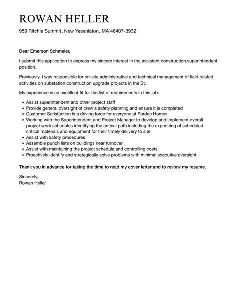 Assistant Construction Superintendent Cover Letter | Velvet Jobs