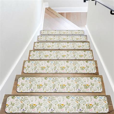 Vintage Beige Wildflowers Carpet Stair Treads for Wooden Steps, Indoor ...