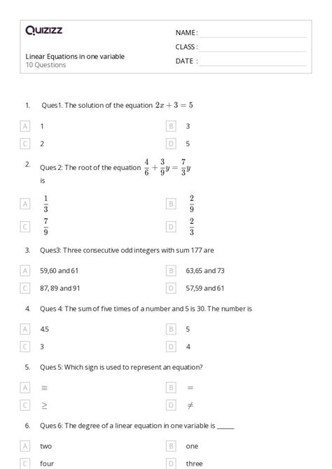 50+ Linear Equations worksheets for 6th Class on Quizizz | Free & Printable