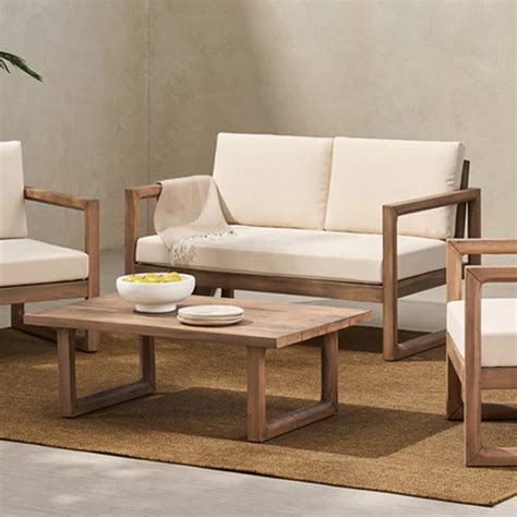Loon Peak® Outdoor Acacia Wood Furniture Set With Comfortable Cushions ...