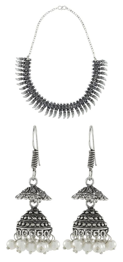 Tribal Bohemian Pearl Oxidized German Silver Bass Necklace Earring Com ...