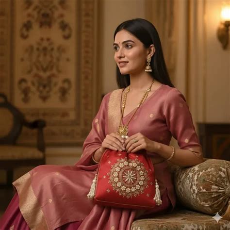 nida fashion Classic Red & Gold Embroidered Potli Bag Price in India ...