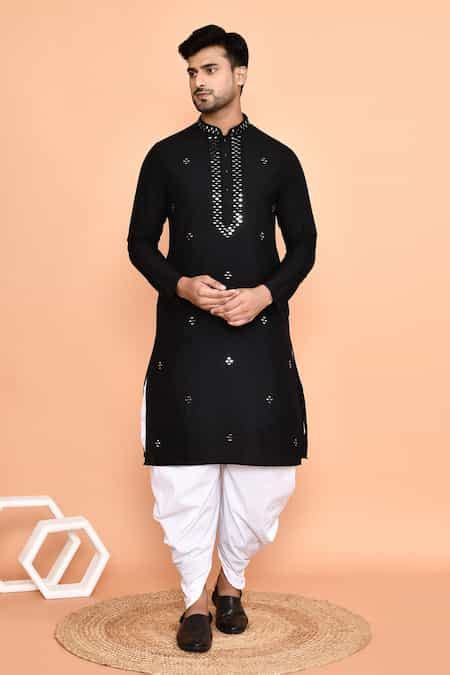 Buy Black Silk, Cotton Mirrors, Embroidery Geometric Kurta With ...