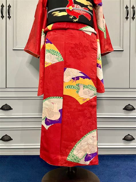 鳩扇＊ハト 鳩 扇面 朱色 紅 赤 オレンジ 橙 花 アンティーク小紋着物 A625 | kimono tento
