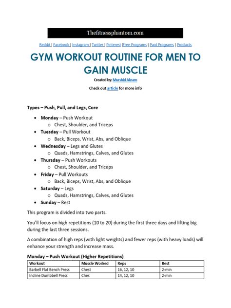 Muscle Building Gym Workout Routine For Men | PDF | Strength Training | Management Of Obesity