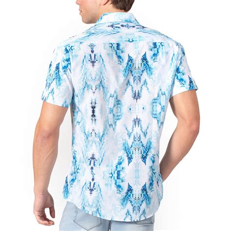 Light Fractal Button Up Short Sleeve Dress Shirt // Blue (3XL ...
