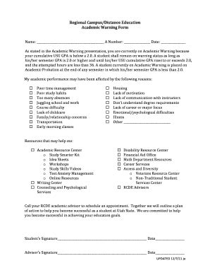 Fillable Online distance usu Academic Warning Form - Regional Campuses ...