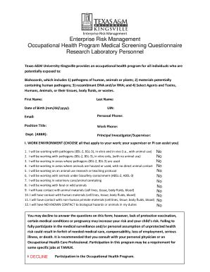 Fillable Online tamuk Occupational Health Program Medical Screening ...