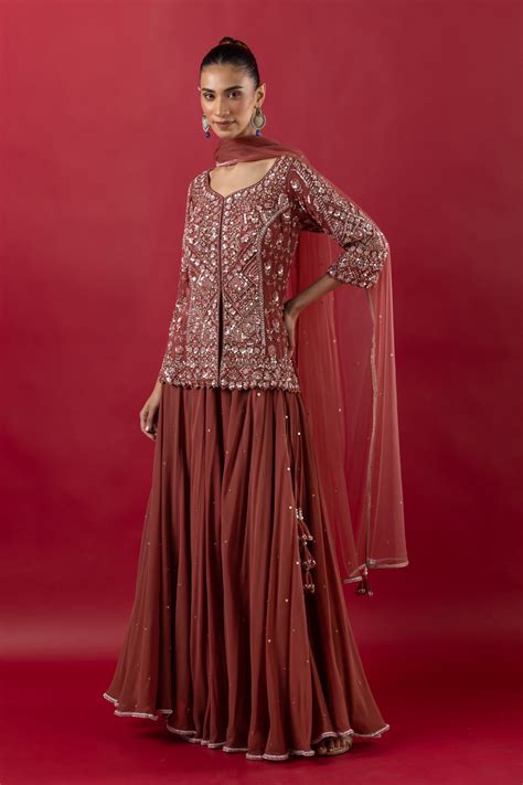 Rust Long Choli With Zarkan And Crystal