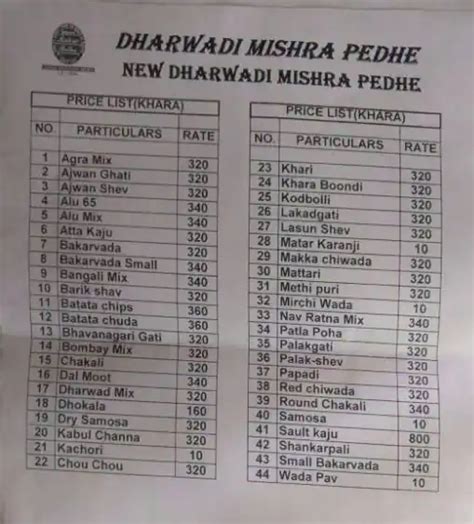Menu at Dharwadi Mishra Pedha, Pune, 396