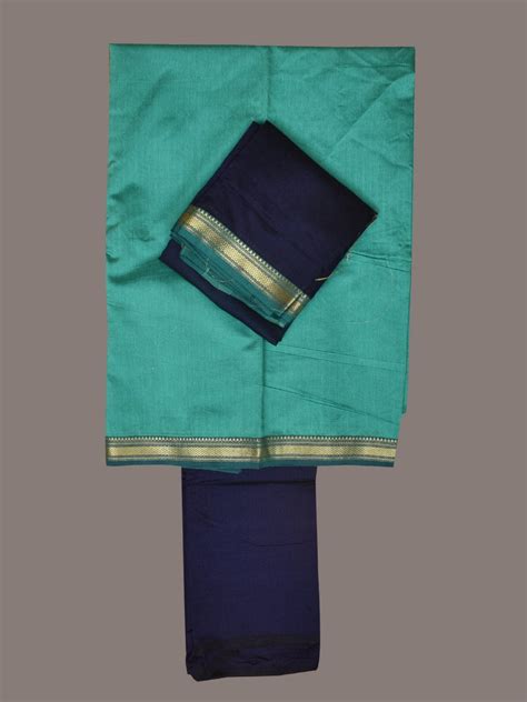 Turquoise and Navy Bamboo Cotton Fabric and Dupatta with Zari Border D ...