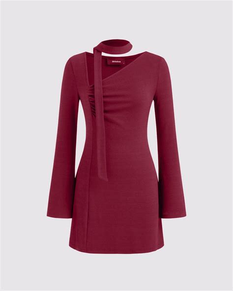 Asymmetrical Neck Ruched Mini Dress With Scarf In Maroon – Littlebox India
