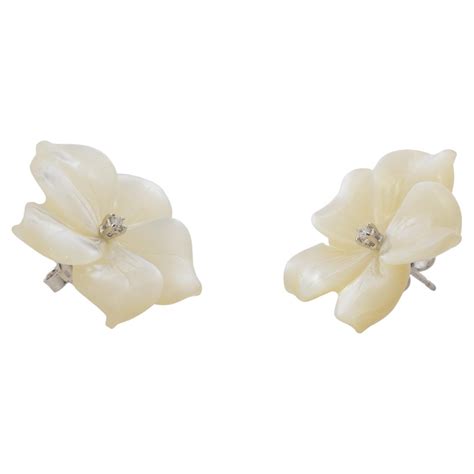 Hand Carved Mother of Pearl Flower Earring Jackets with Diamond Stamen ...