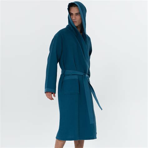 Men's Deep Aqua Blue Hooded Turkish Cotton Waffle Robe | SEYANTE