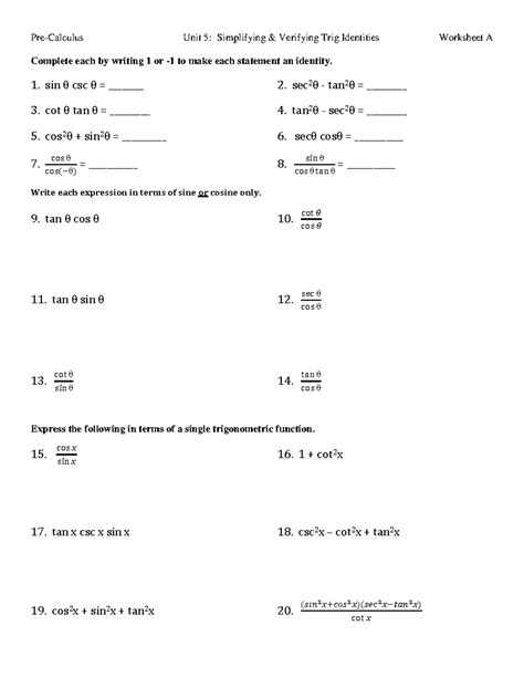 Simplify Trig Expressions Worksheet