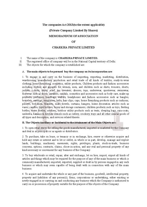 MOA for Charkha Pvt Ltd - Companies Act 2013 Compliance - Studocu