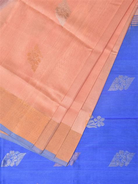 Peach and Light Blue Uppada Silk Handloom Saree with Body Buta Design