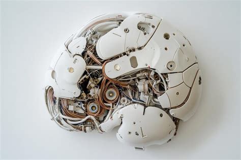 White robot brain with wires and mechanical parts on white background ...