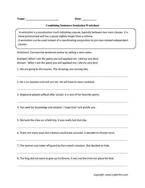Semicolon Worksheet