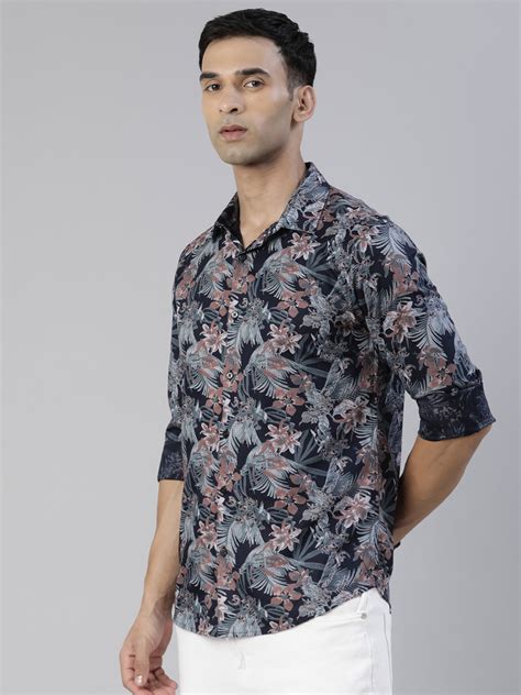 Shop Flax Navy Blue Floral Print Shirt Online India – Bushirt