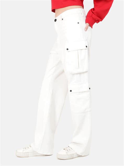 Women White Relaxed Fit Solid Denim Cargo Jeans – MINTOBAY