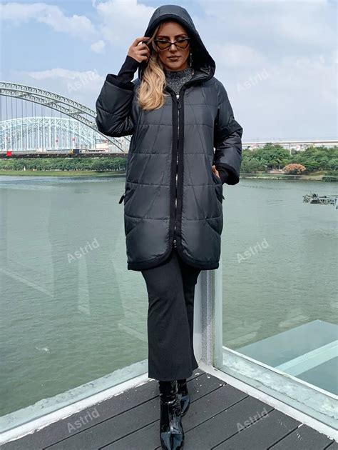 Astrid Plus Size Zip Up Slant Pocket Hooded Padded Coat | SHEIN USA
