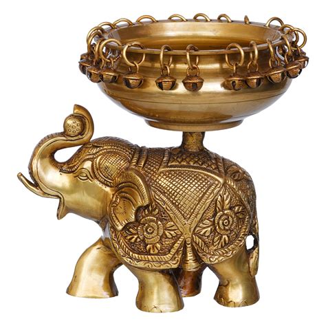 Golden Brass Urli on Elephant Statue with Bells for Floating Flowers ...