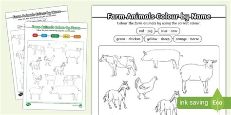 Farm Animals Colour by Name Worksheet