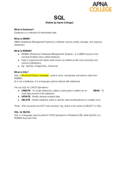 SQL Notes - SQL (Notes by Apna College) What is Database? Database is a ...