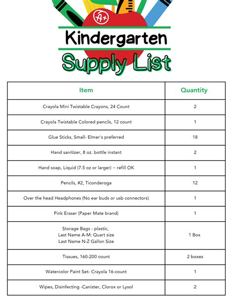 Kindergarten Supply List | Greenbriar West Elementary School