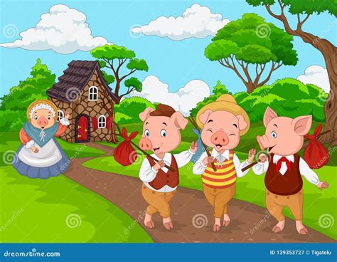 Cartoon Mother Pig with Three Little Pigs Stock Vector - Illustration ...
