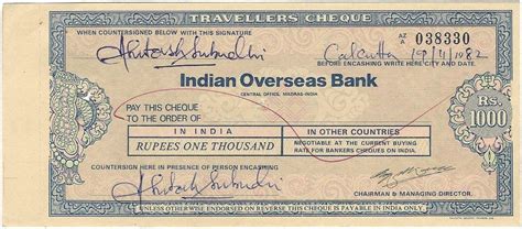 India 1982 Indian Overseas Bank 1000 Rupees Travellers Cheque : Amazon ...