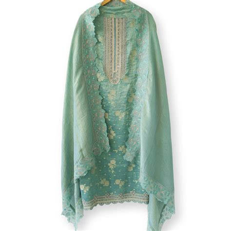 Golden Turquoise Mughal Floral Woven Pure Tissue Silk Unstitched Suit ...