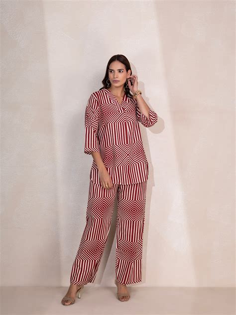 Maroon Rayon Printed Tunic Kurta and Trouser Co-Ord Set - Tittli