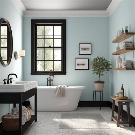 light blue bathroom with black accents | Blue bathroom walls, Blue ...